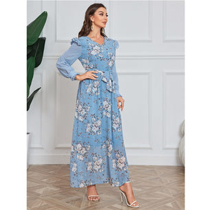 Women's Arabian V-Neck Polyester Full Sleeves Floral Dresses