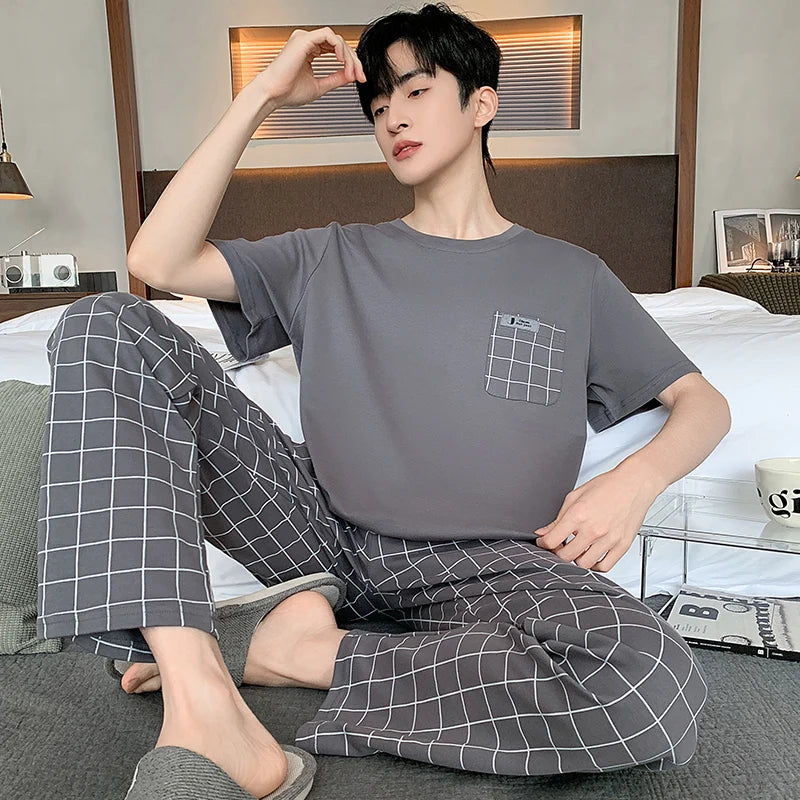 Men's Cotton O-Neck Short Sleeves Trendy Sleepwear Pajamas Set