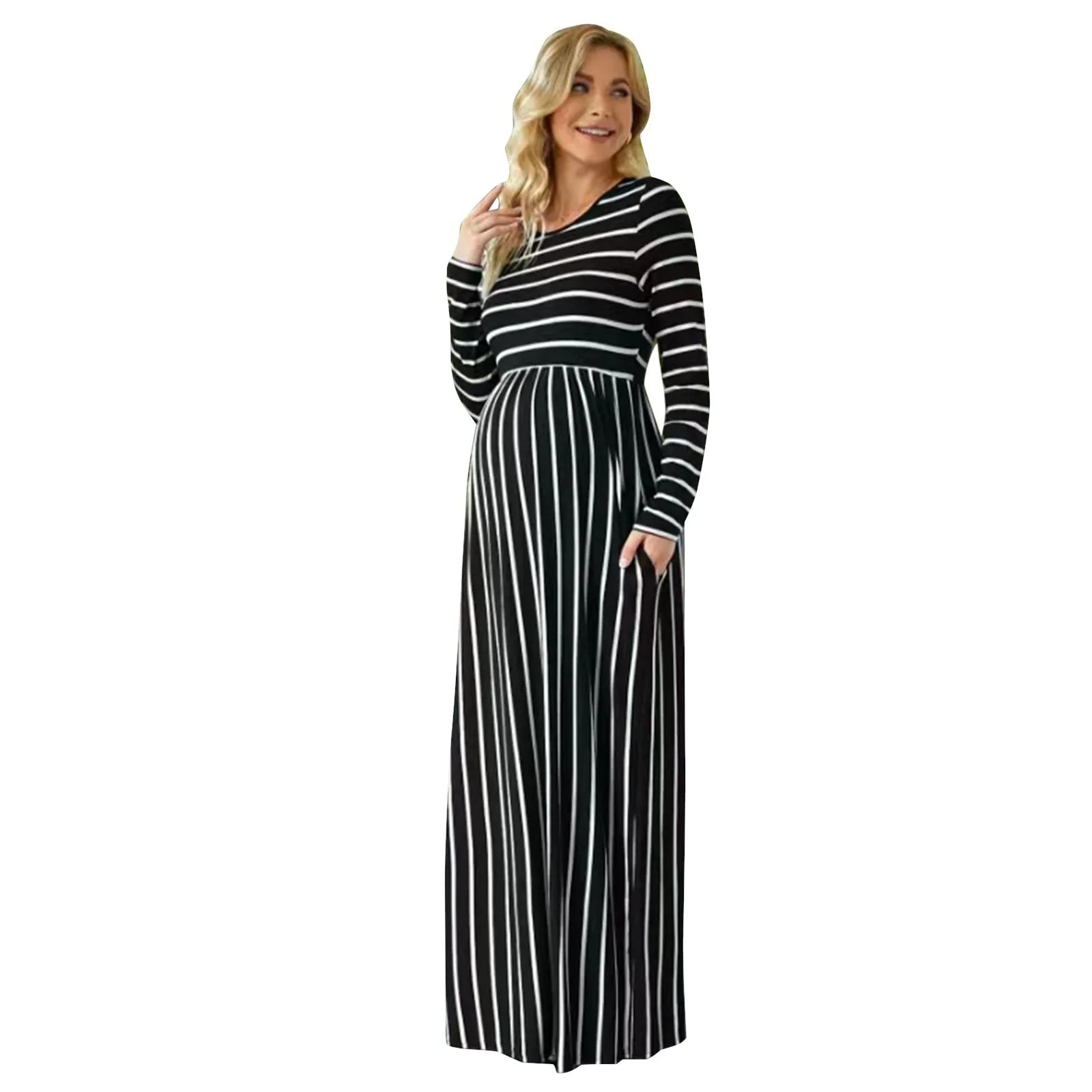 Women’s Polyester O-Neck Long Sleeves Striped Maternity Dress