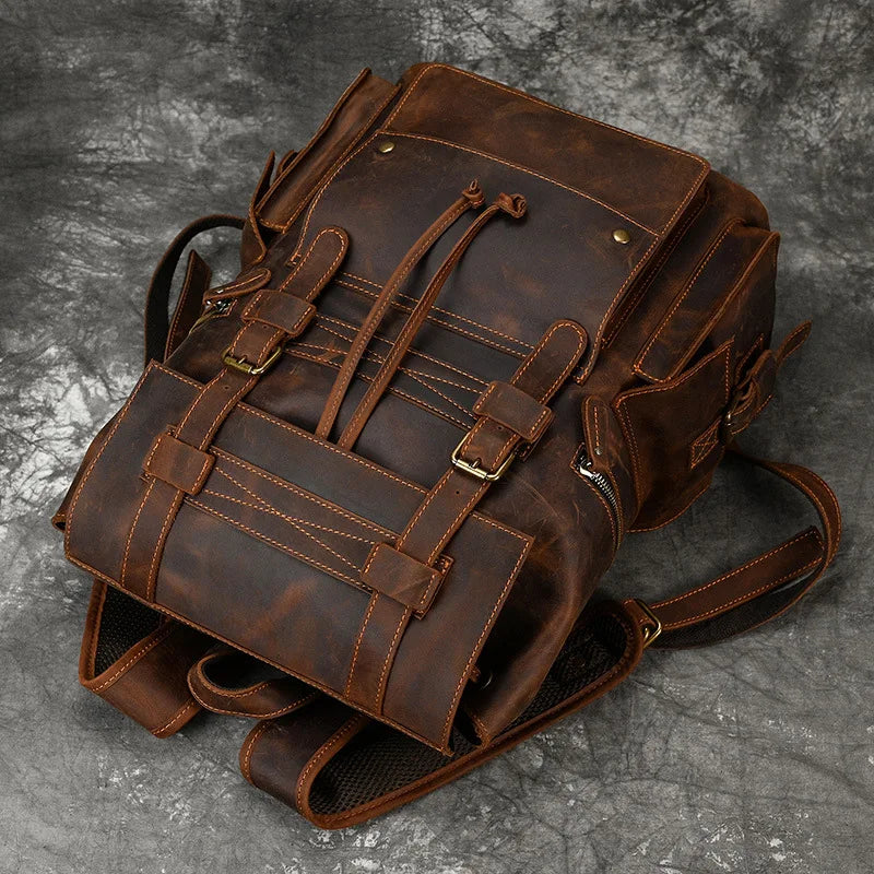 Men's Genuine Leather Zipper Closure Slot Pattern Casual Backpack