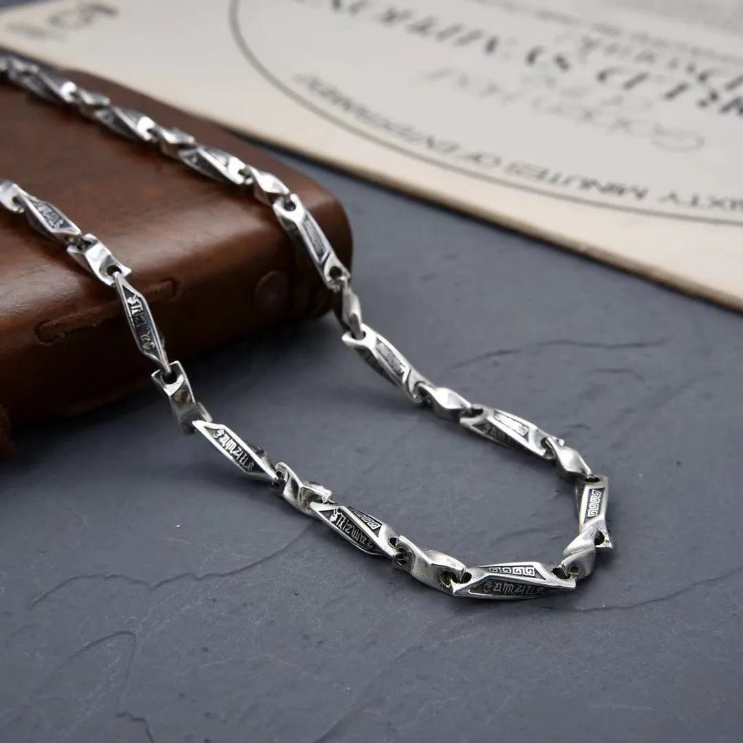 Men's 925 Sterling Silver Link Chain Geometric Pattern Necklace