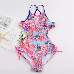 Kid's Polyester V-Neck Floral Pattern Trendy Swimwear Bathing Suit