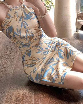 Women's Polyester O-Neck Sleeveless High Waist Floral Dress