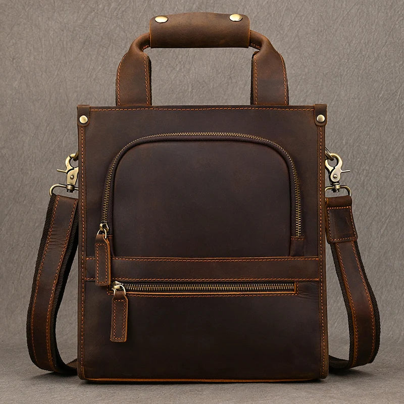 Men's Genuine Leather Solid Pattern Trendy Laptop Shoulder Bag