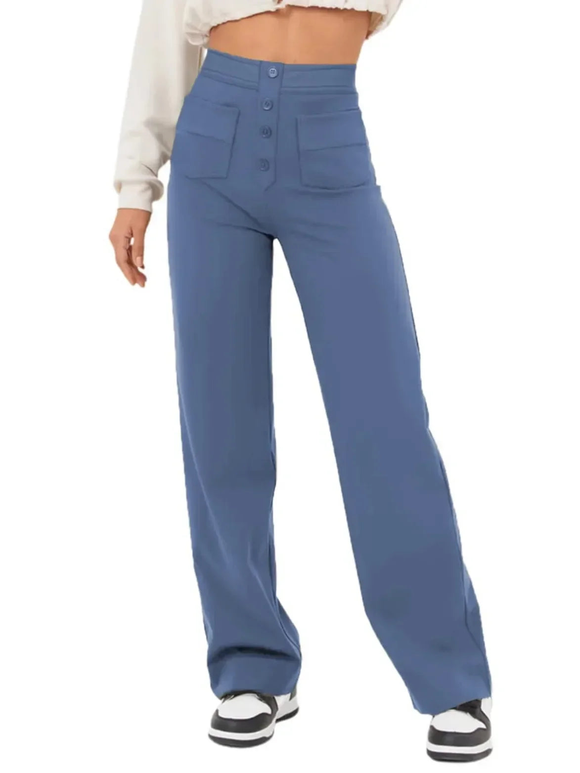 Women's Polyester High Waist Button Fly Closure Casual Trousers