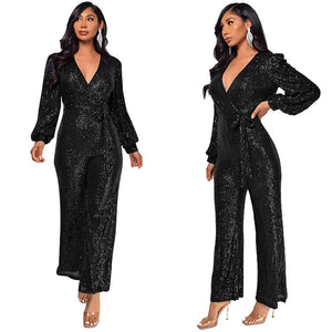 Women's Polyester V-Neck Long Sleeve Sequined Pattern Jumpsuit