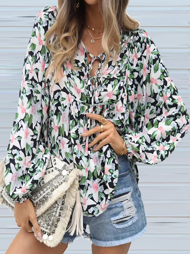 Women's Polyester V-Neck Long Printed Pattern Casual Wear Blouse