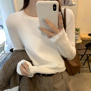 Women's Polyester O-Neck Long Sleeves Solid Pattern Pullover Tops