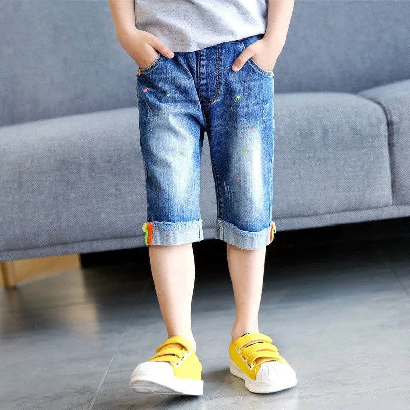 Kid's Cotton Mid Waist Elastic Closure Casual Wear Denim Shorts