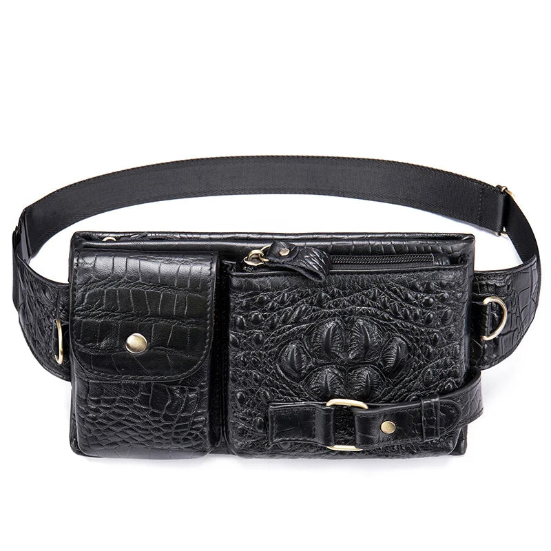 Men's Genuine Leather Solid Pattern Zipper Closure Waist Pack