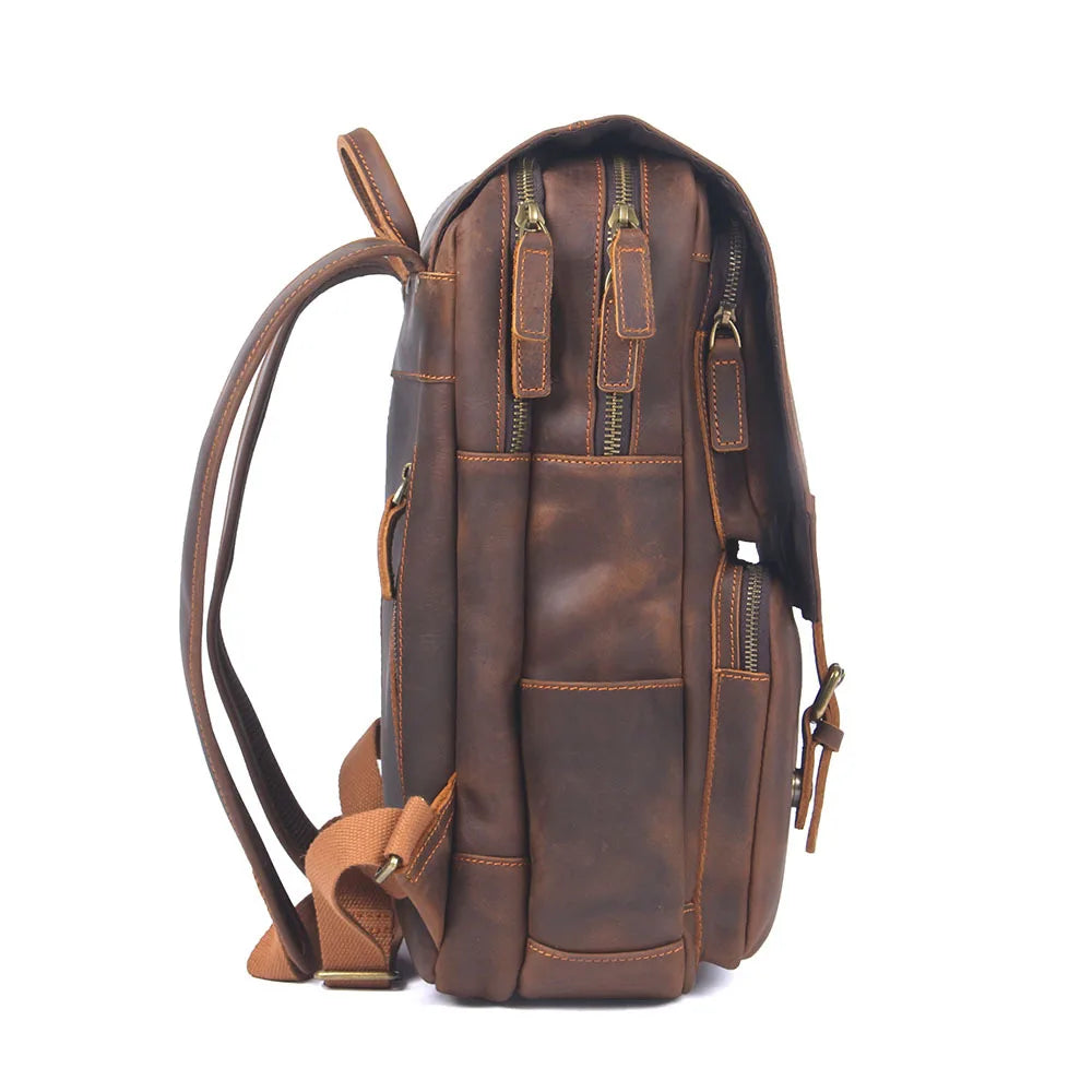 Men's Genuine Leather Zipper Closure Solid Pattern Backpack