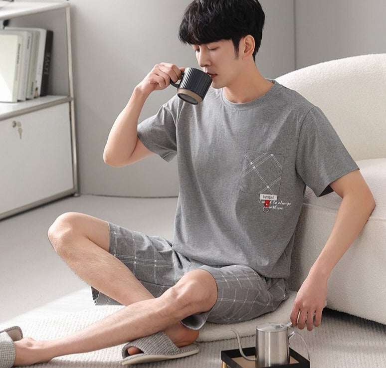 Men's Cotton Short Sleeves Elastic Waist Sleepwear Sleepwear Set