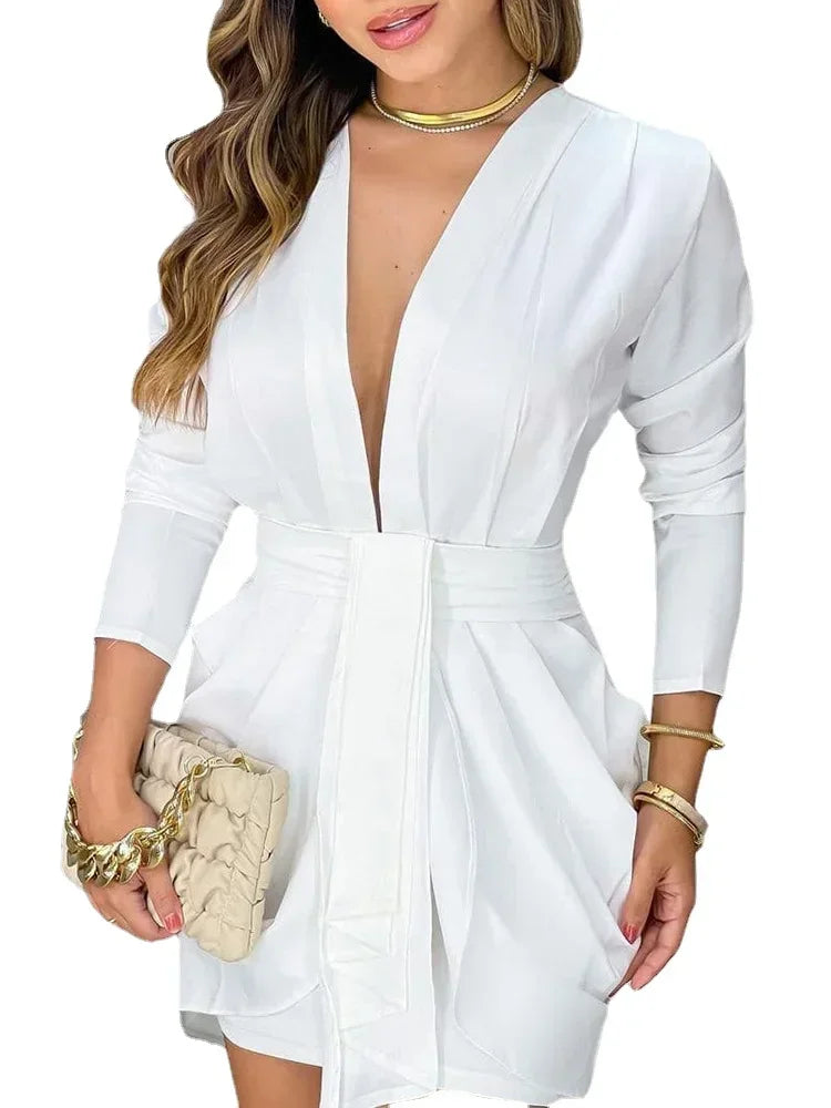 Women's Polyester V-Neck Long Sleeve Solid Pattern Party Dress