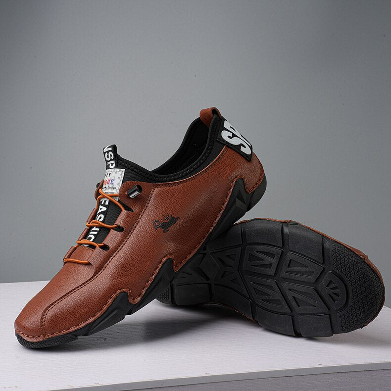 Men's Split  Leather Round Toe Elastic Band Closure Casual Shoes