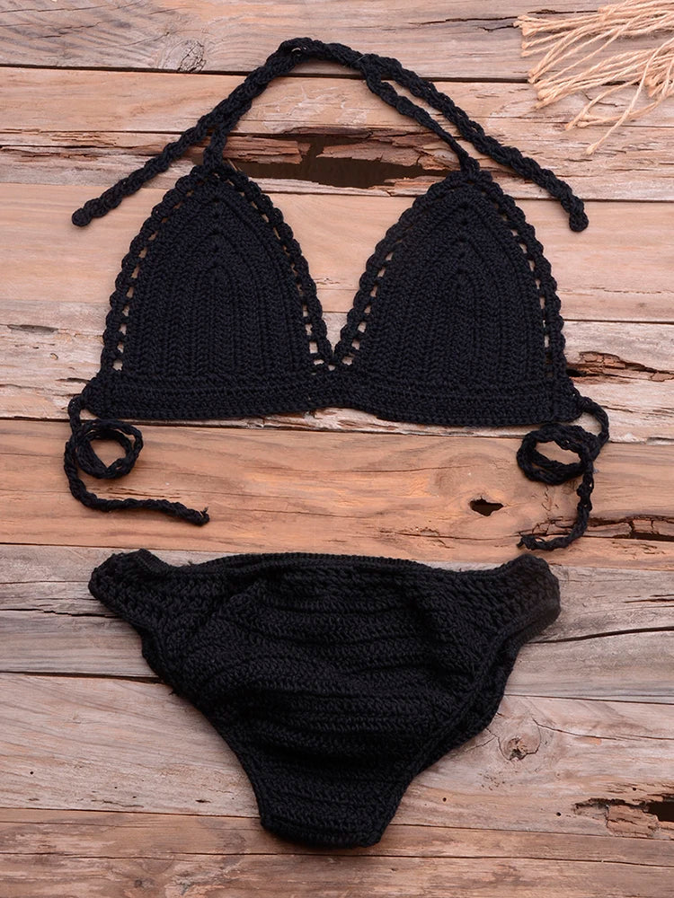 Women's Cotton High Waist Swimwear Knitted Pattern Bikini Set