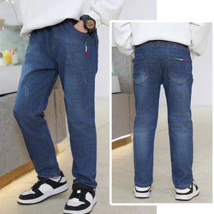 Kid's Cotton Mid Elastic Waist Closure Casual Wear Denim Pants