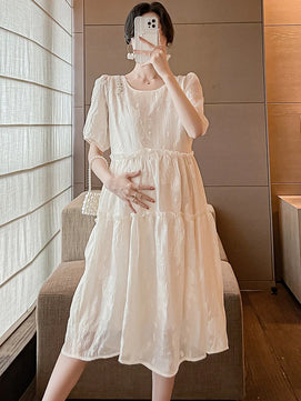 Women's Polyester O-Neck Short Sleeves Solid Maternity Dress