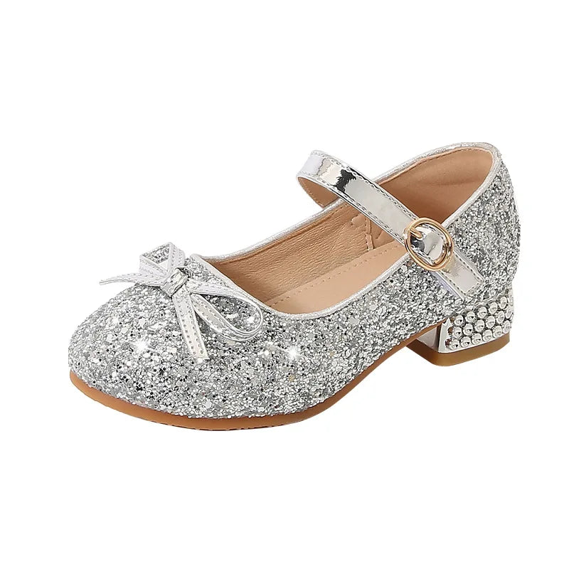 Kid's PU Leather Round Toe Buckle Strap Closure Sequined Shoes