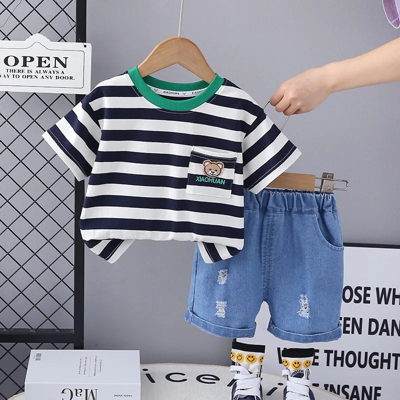 Kid's Boys Cotton Short Sleeves Striped Pattern Casual Clothes