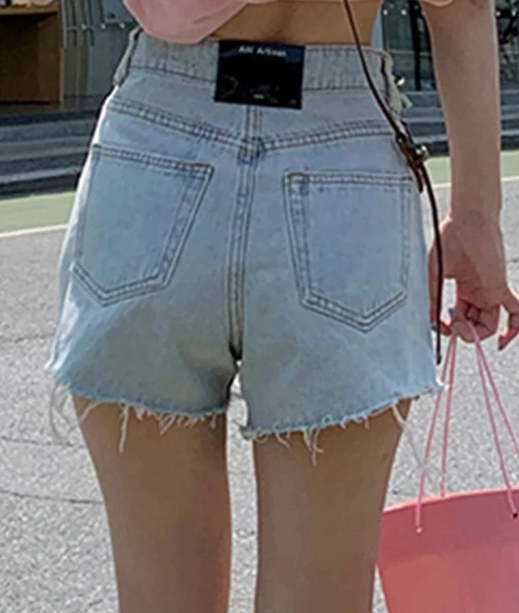 Women's Polyester High Waist Zipper Fly Casual Plain Denim Shorts