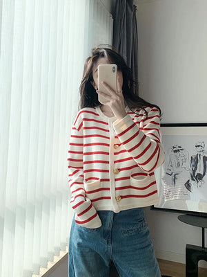 Women's Cotton Long Sleeve Single Breasted Striped Cardigan