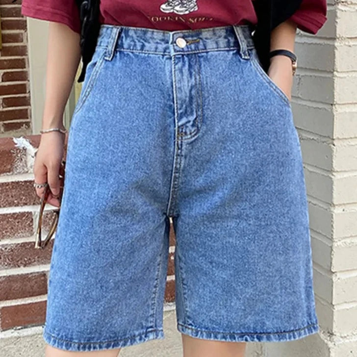 Women's Polyester High Waist Button Fly Casual Plain Denim Shorts