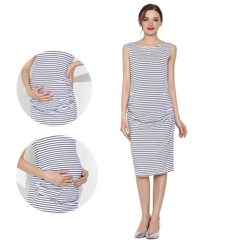 Women's Spandex O-Neck Sleeveless Striped Pattern Maternity Dress