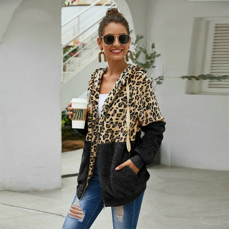 Women's Polyester Full Sleeve Leopard Pattern Zipper Hoodies