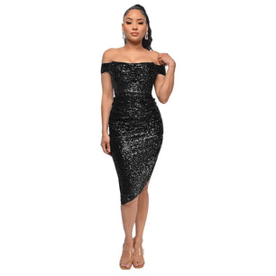 Women's Polyester Square-Neck Sequined Pattern Party Wear Dress