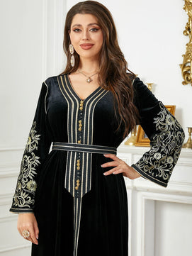 Women's Arabian Velvet Full Sleeves Embroidery Pattern Dress