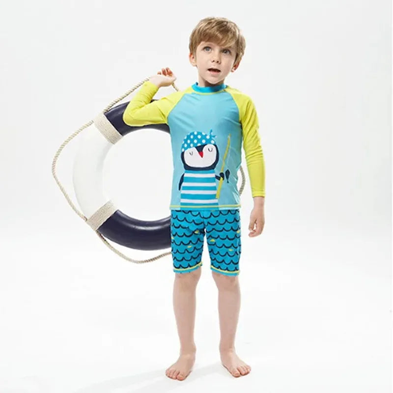 Kid's Boy O-Neck Spandex Full Sleeve Printed Pattern Swimsuit