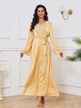 Women's Arabian Polyester Full Sleeve Beaded Pattern Casual Dress