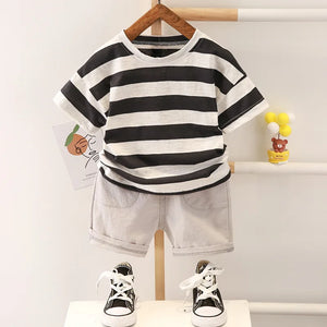 Kid's Cotton O-Neck Short Sleeves Pullover Closure Casual Clothes