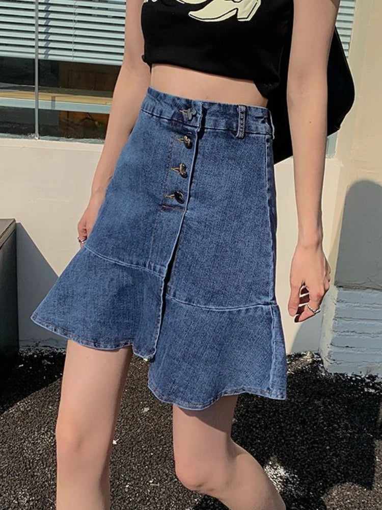 Women's Polyester High Waist Solid Pattern Casual Denim Skirts