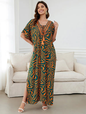 Women's Rayon V-Neck Short Sleeve Printed Pattern Maxi Dress