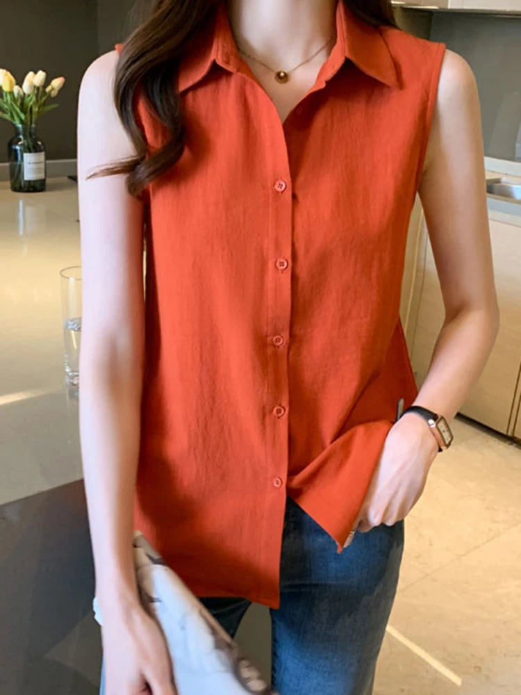 Women's Polyester Turn-Down Collar Sleeveless Casual Wear Blouse