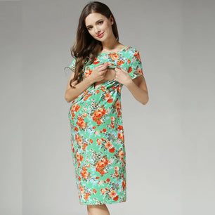 Women's Rayon O-Neck Short Sleeve Floral Pattern Maternity Dress