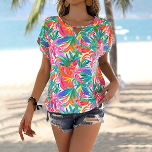 Women's Polyester O-Neck Short Sleeves Printed Pattern Mini Blouse