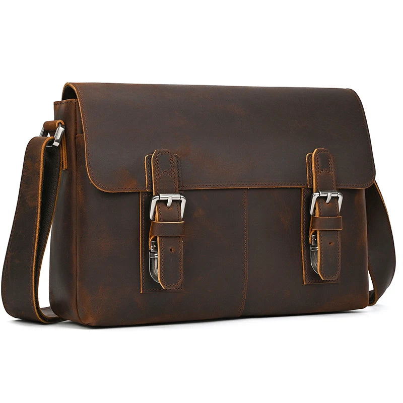 Men's Genuine Leather Zipper Closure Solid Pattern Shoulder Bag