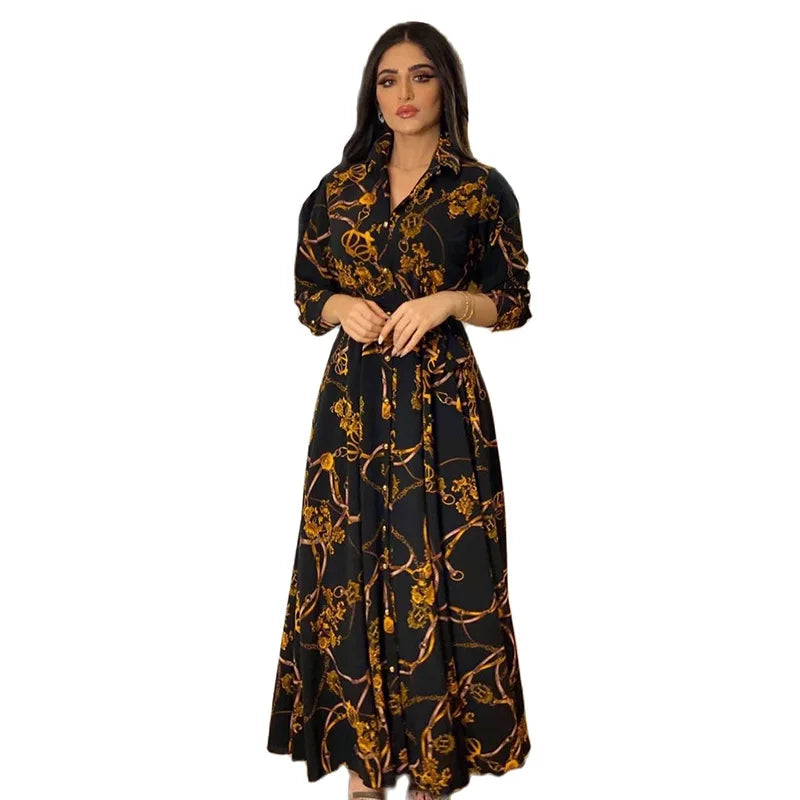 Women's Polyester Turn-Down Collar Long Sleeve Printed Party Dress