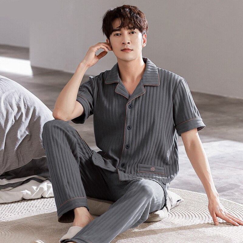 Men's Cotton Turn-Down Collar Short Sleeves Pajamas Sleepwear Set