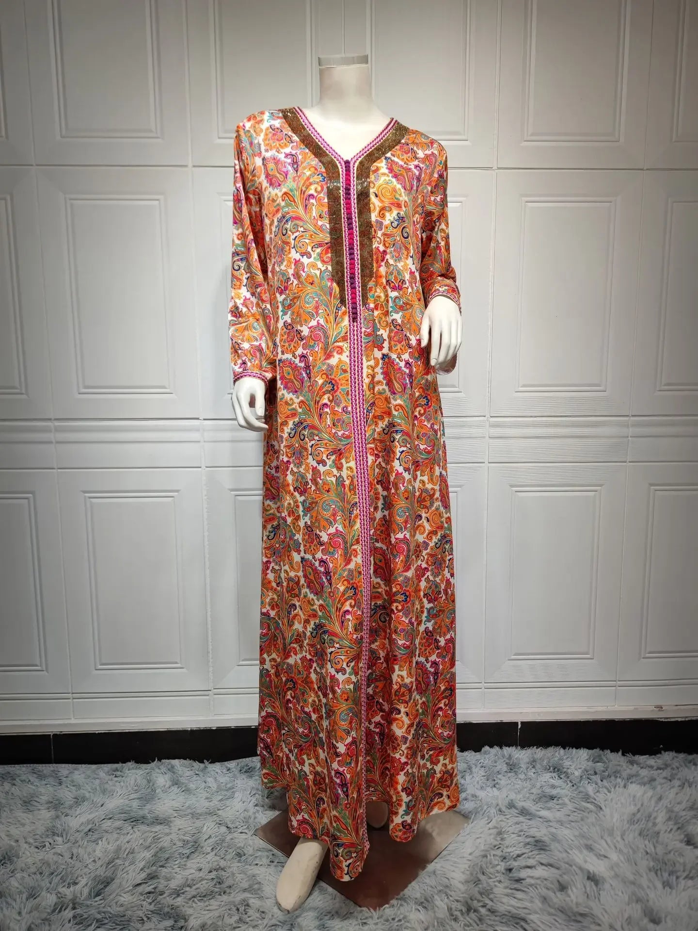 Women's Arabian Polyester Full Sleeve Floral Pattern Casual Dress