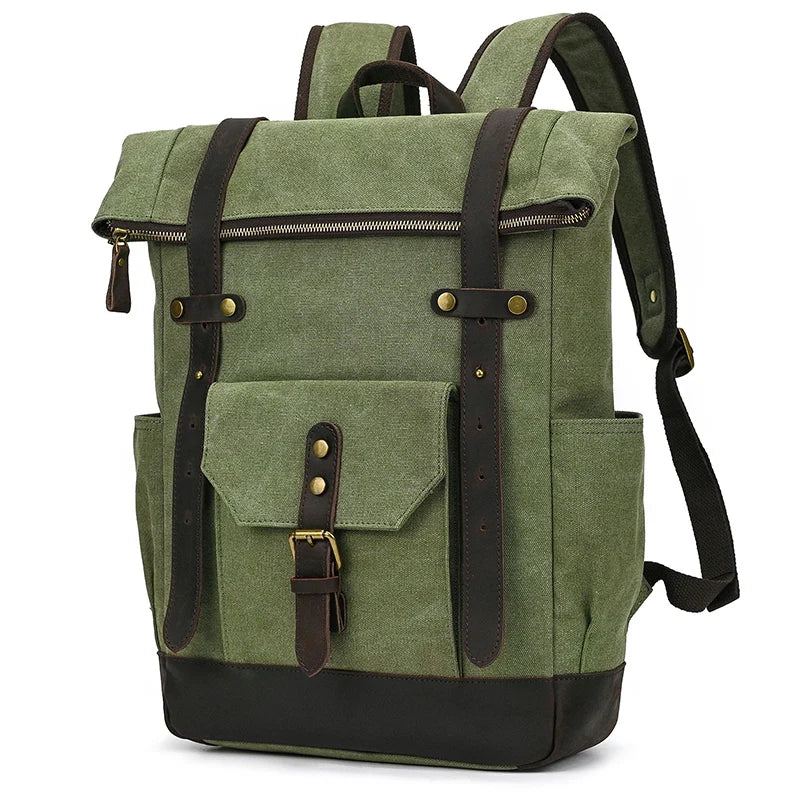 Men's Genuine Leather Solid Pattern Zipper Closure Backpack