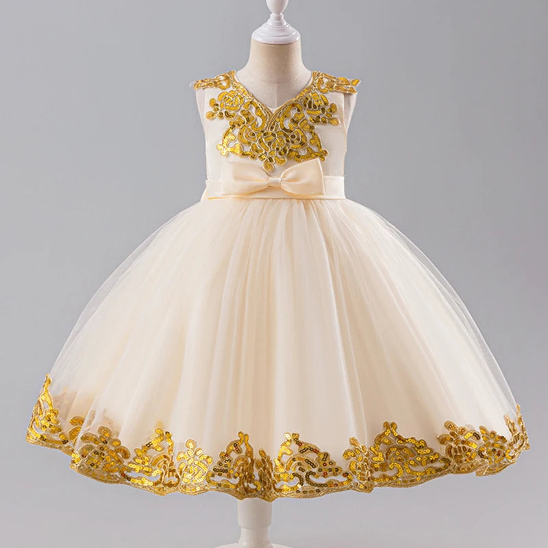 Baby Girl's Polyester V-Neck Sleeveless Embroidered Princess Dress