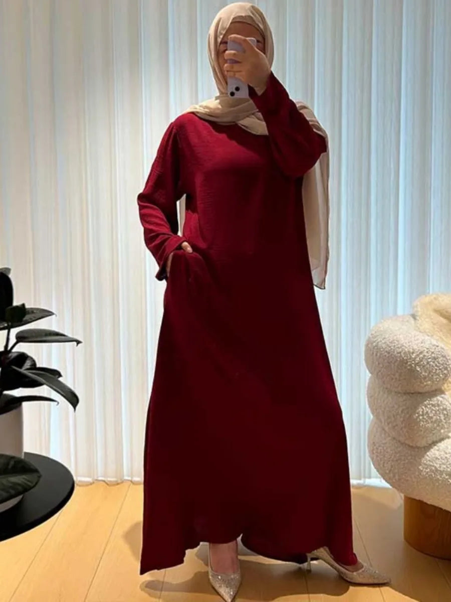 Women's Arabian Polyester Full Sleeves Solid Pattern Long Dress