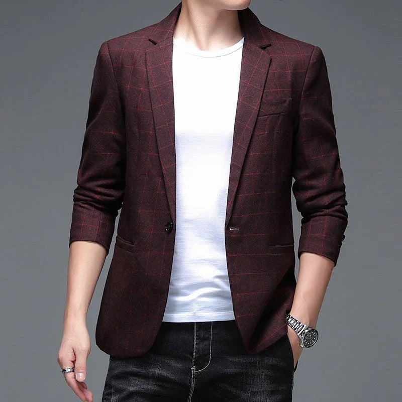 Men's Viscose Notched Long Sleeve Single Breasted Plaid Blazer