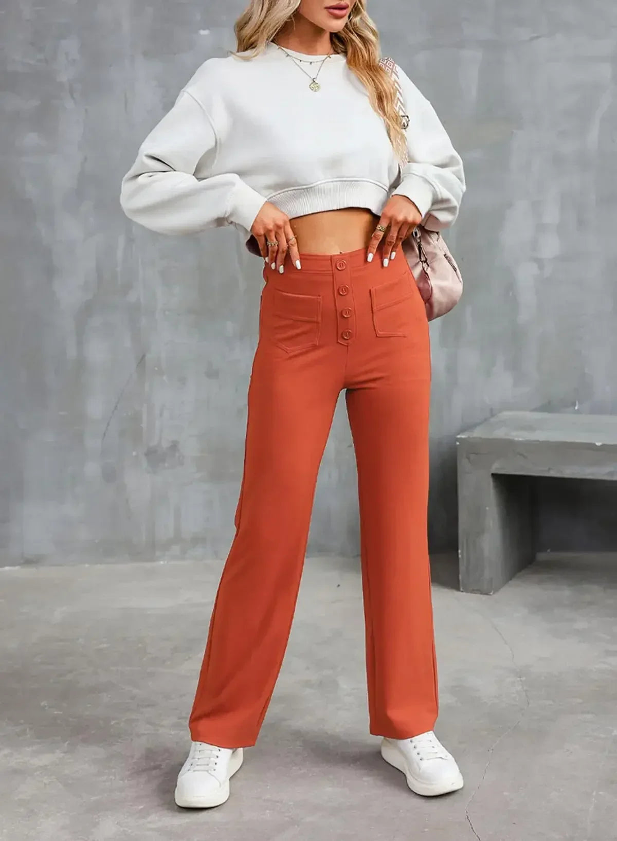 Women's Polyester High Waist Button Fly Closure Casual Trousers