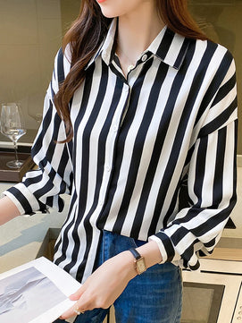 Women's Polyester Turn-Down Collar Long Sleeves Striped Blouse