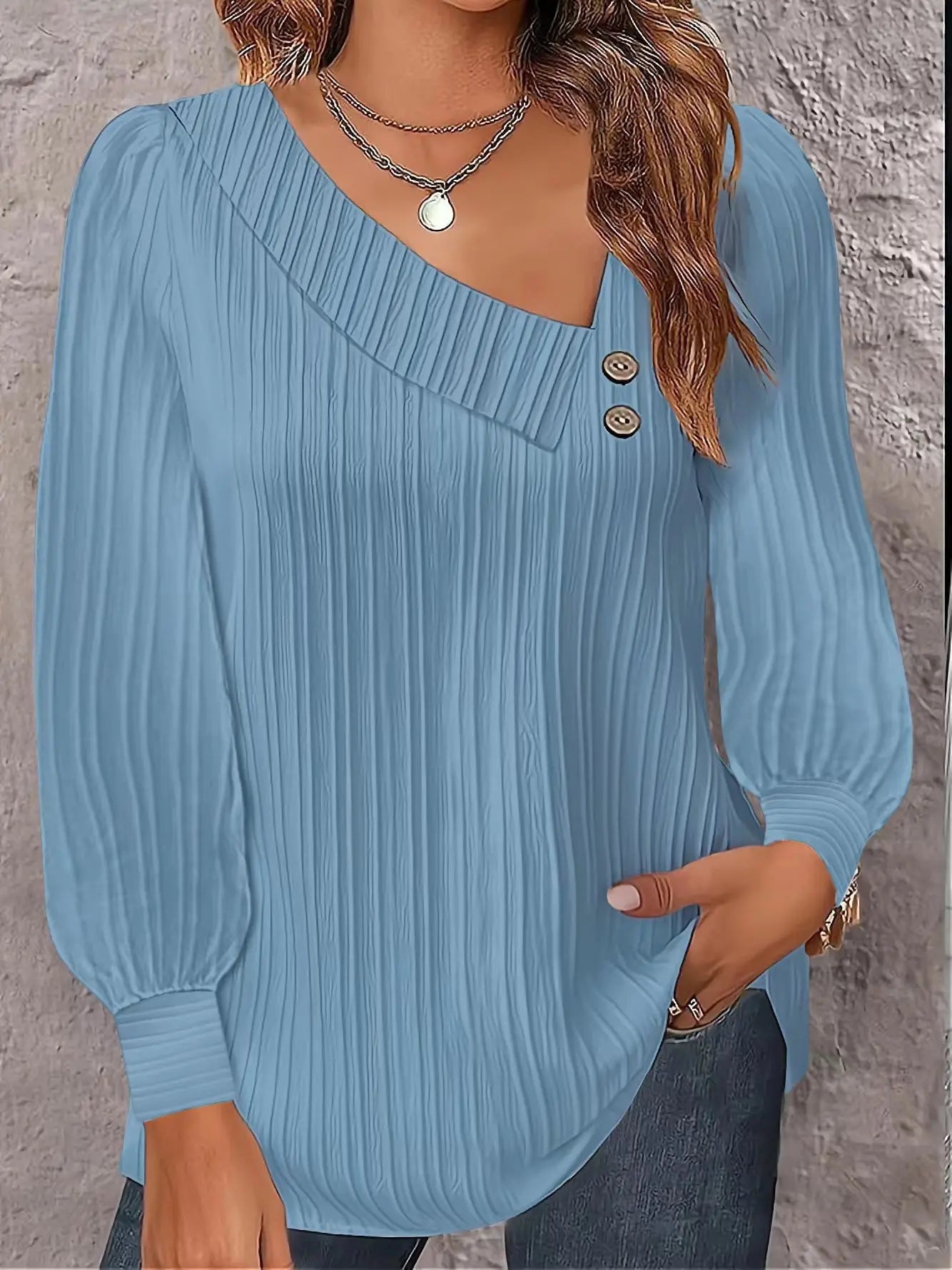 Women's Polyester V-Neck Long Sleeves Solid Pattern Mini Blouse