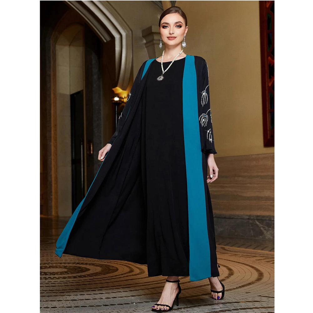 Women's Arabian O-Neck Polyester Full Sleeve Beaded Pattern Abaya